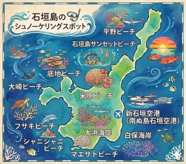 石垣島で個人シュノーケリングにおすすめのビーチスポット地図。